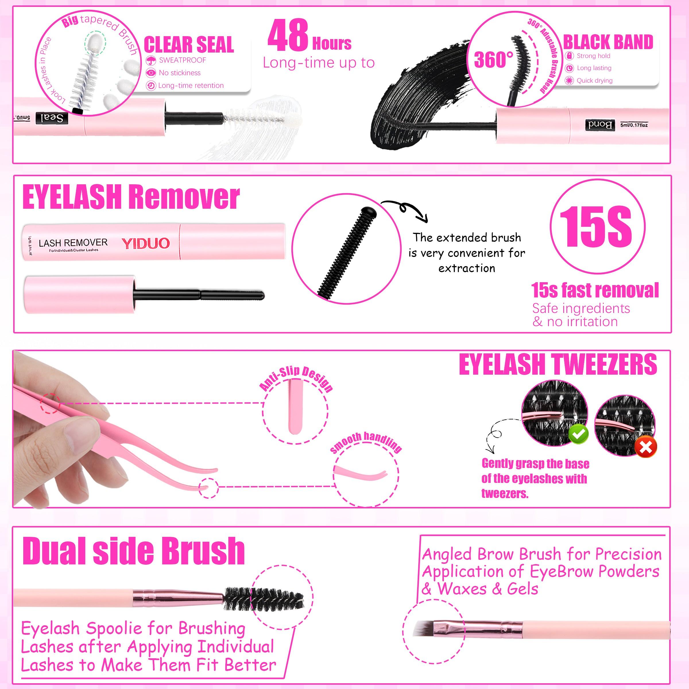 YIDUO 1110pcs DIY Lash Extension Kit, Complete Eyelash Clusters Set with Bond & Seal, Remover, Tweezers & Eyelash Brush, 10-18mm D Curl Manga, Cat Eye and Wispy Volume Lashes (50D, 60D, 80D, 100D) for Home Salon, Includes Lash Tools