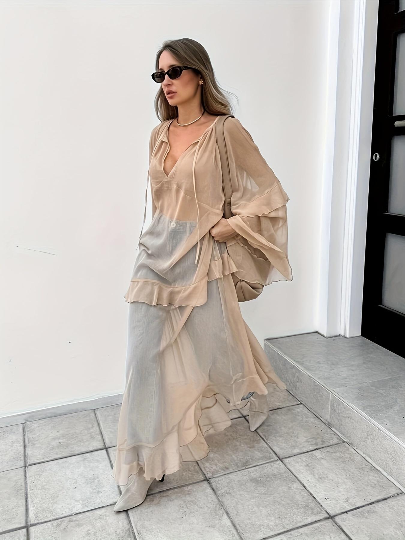 see through casual maxi dress 2024 Women's Deep V Neck Long Dresse,Women Lace Crochet Long Sleeve Long  Dress See-Through Slit Maxi Dress for Photos Party Dresses