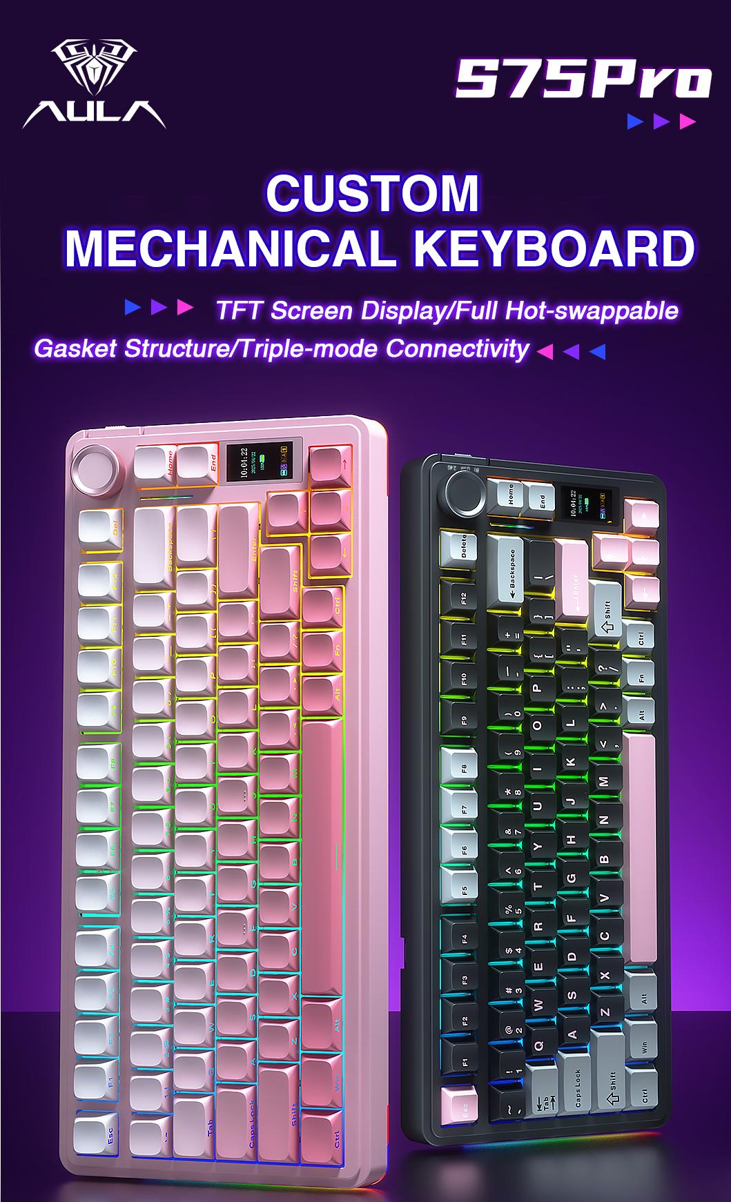 [New]AULA S75 PRO Wireless Mechanical Keyboard with Screen&Knob(Black Pink), Tri-Mode 2.4G USB-C Bluetooth PBT Keycaps Creamy Sounding 75% Hot Swappable Gaming Keyboard with Pre-lubed Switches, RGB Backlit, PC Gaming Keyboards TikTokshopBacktoschool