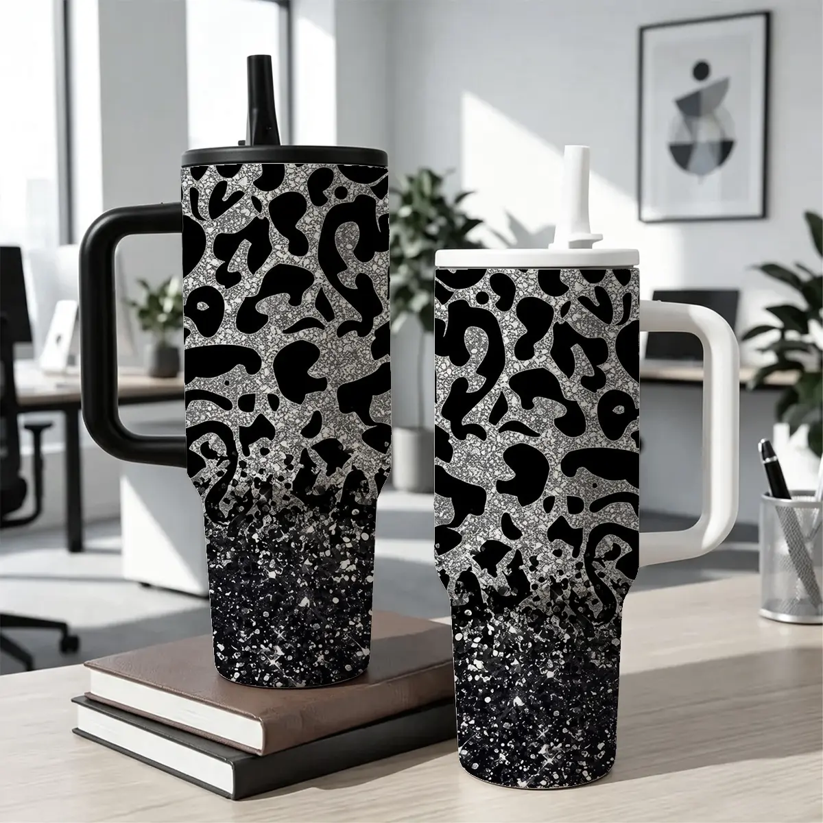 40oz Leopard Print Glitter Stainless Steel Tumbler with Handle & Straw, Black Silver Sparkle Design, Double-Wall Leakproof Vacuum Insulated Travel Mug, Stylish Gift for Women, Ideal for Travel & Daily Hydration