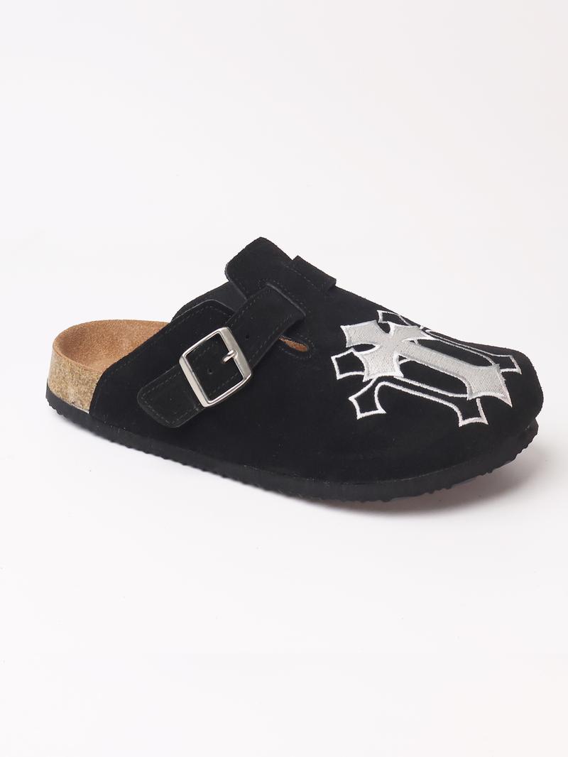 Embroidered Leather Sandals, Punk Style Cowhide Mules, Men's casual clogs Shoe Less Than Ankle Height, All Seasons, Rubber Sole Material, Stylish Punk Clogs