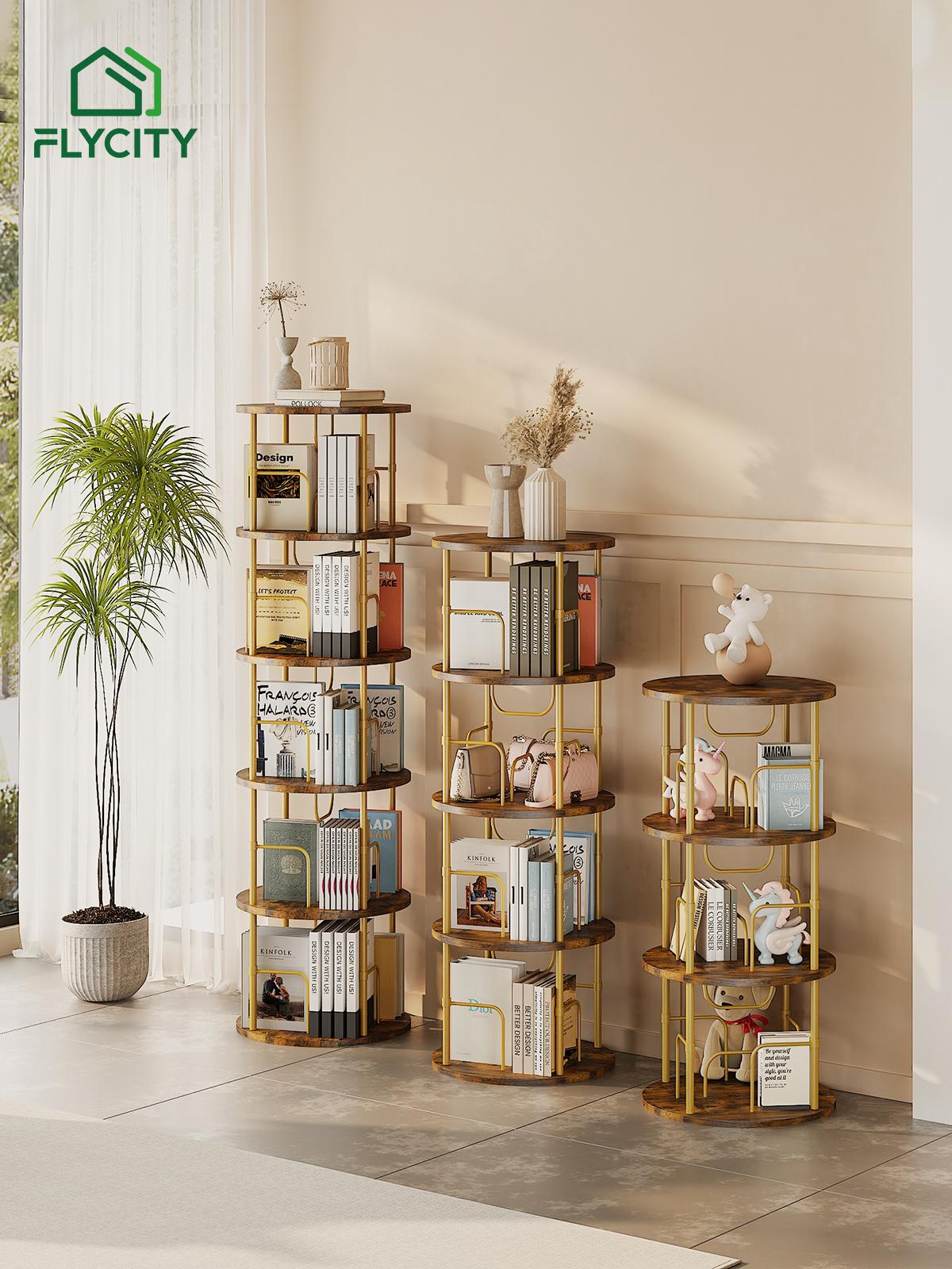 Flycity Rotating Bookshelf 3-5 Tier Spinning Bookshelf Tower 360° Display Unique Round Bookcase for Home Study and Office Organization Furniture Stand Monitor Riser