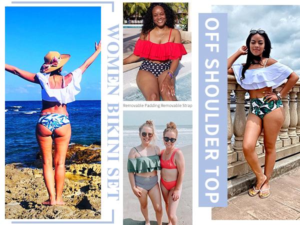 Tempt Me Women Two Piece High Waisted Bikini Set Tummy Control Bottoms Ruffle Swimsuits Off Shoulder Bathing Suits Plus Size Swimsuit with High Rise Bikini Bottom Strapless Swimsuits Scoop Neck