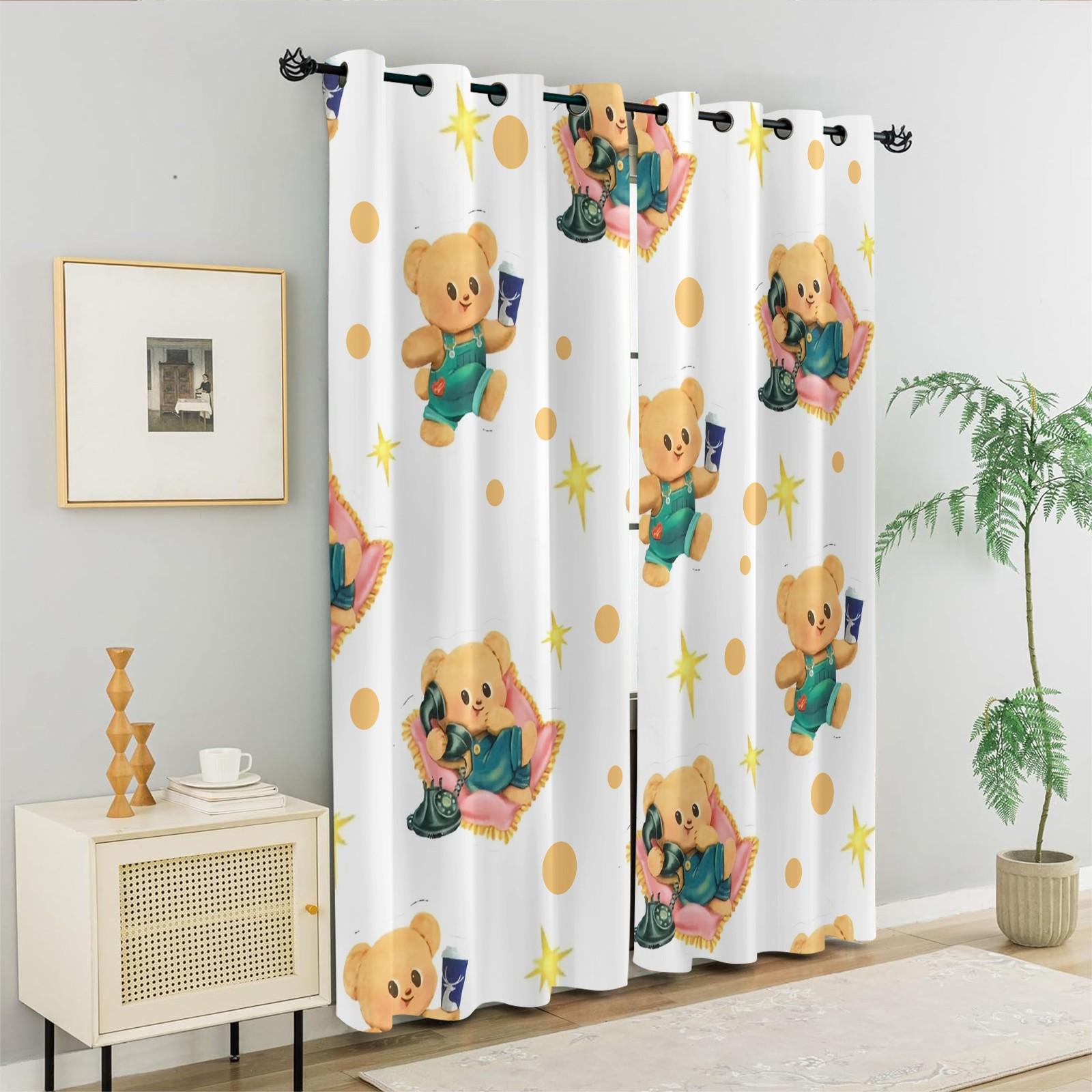 2 Pcs Cute Cartoon Bear 80% Blackout Curtains, Kawaii Teddy Bear Polyester Curtains for Kids Room & Nursery, Ideal Gift for Bear-Loving Kids