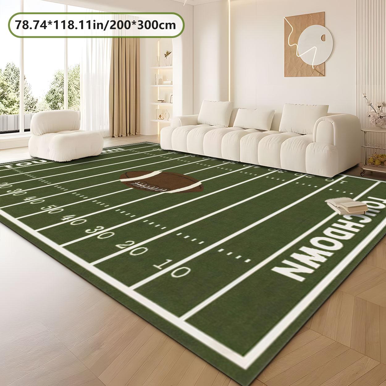Green Football Field Pattern Carpet, Non-slip Sports Themed Floor Mat, Decorative Area Rug for Home Living Room Bedroom, Home Decor