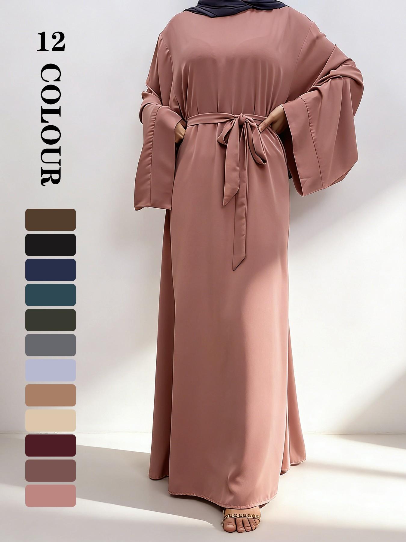 Muslim Modest Fashion Simple Nida High-Quality Long Sleeve Wide Sleeve Dress with Waist Belt, No Hijab Included, 12 Colors, 5 Sizes Available EID Ramadan Dress, Muslim Evening Dress