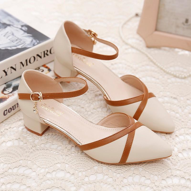Women High Heeled Closed Toe Sandals Summer French Style Medium Chunky Heel Pointed Toe Ankle Strap