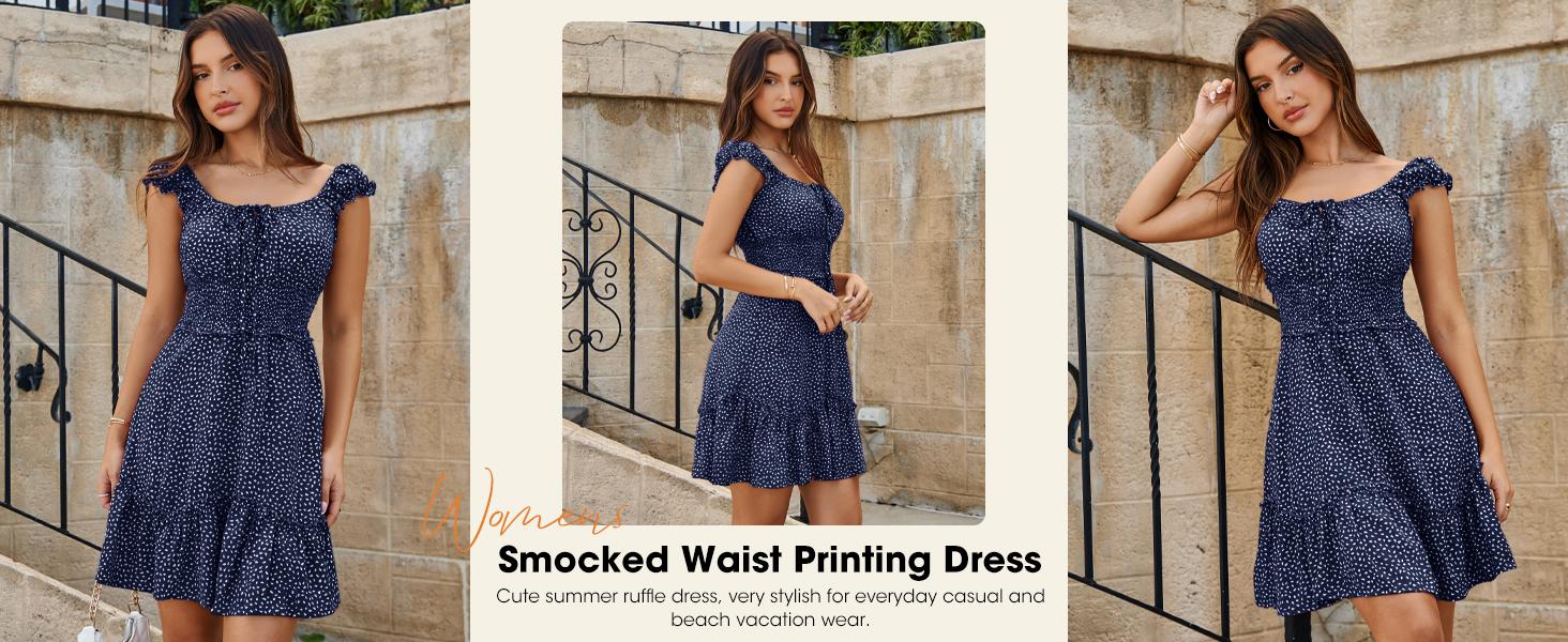 Wenrine Women's Summer Ruffle Sleeve Sweetheart Neckline Printing Dress Mini Dresses