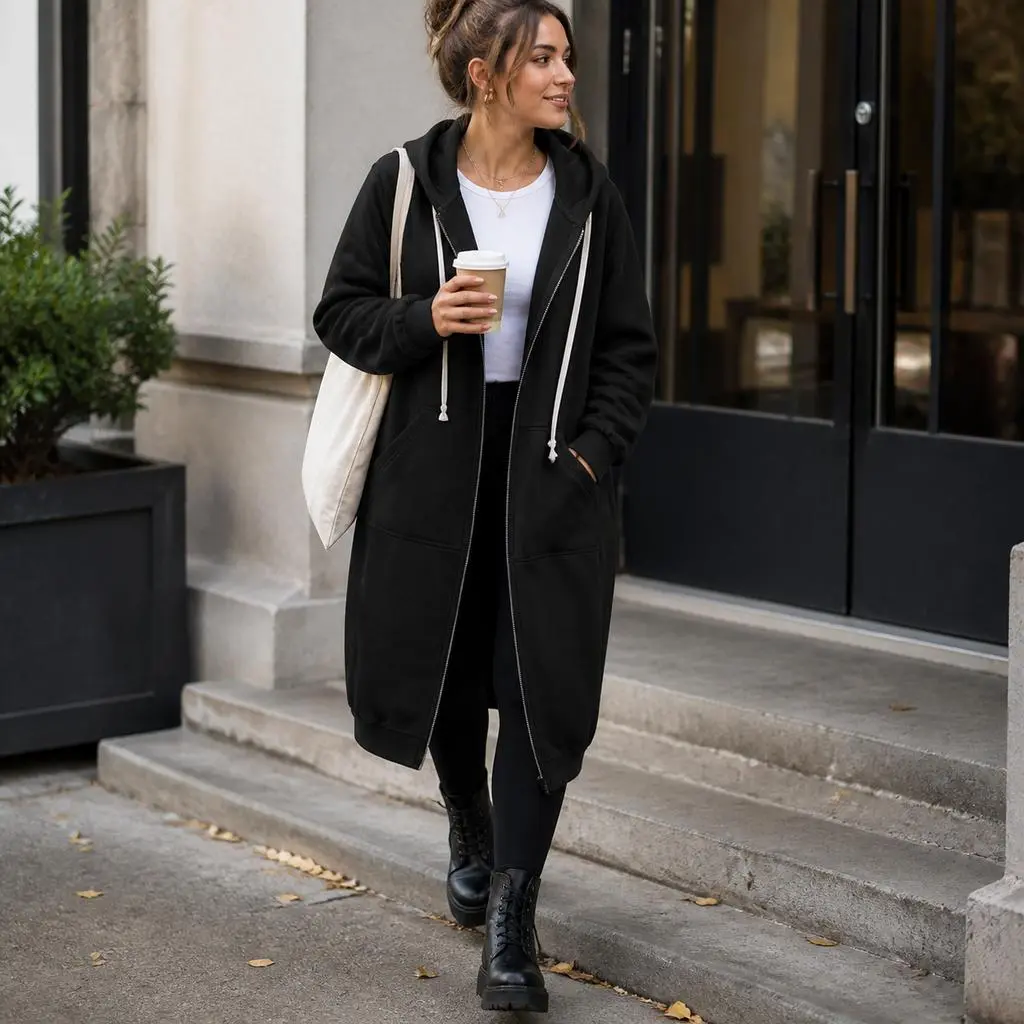 Women's Fleece-Lined Long Zip-Up Hooded Jacket - Oversized Drawstring Long-Sleeve Casual Tunic Sweatshirt with Pockets for Fall, Winter