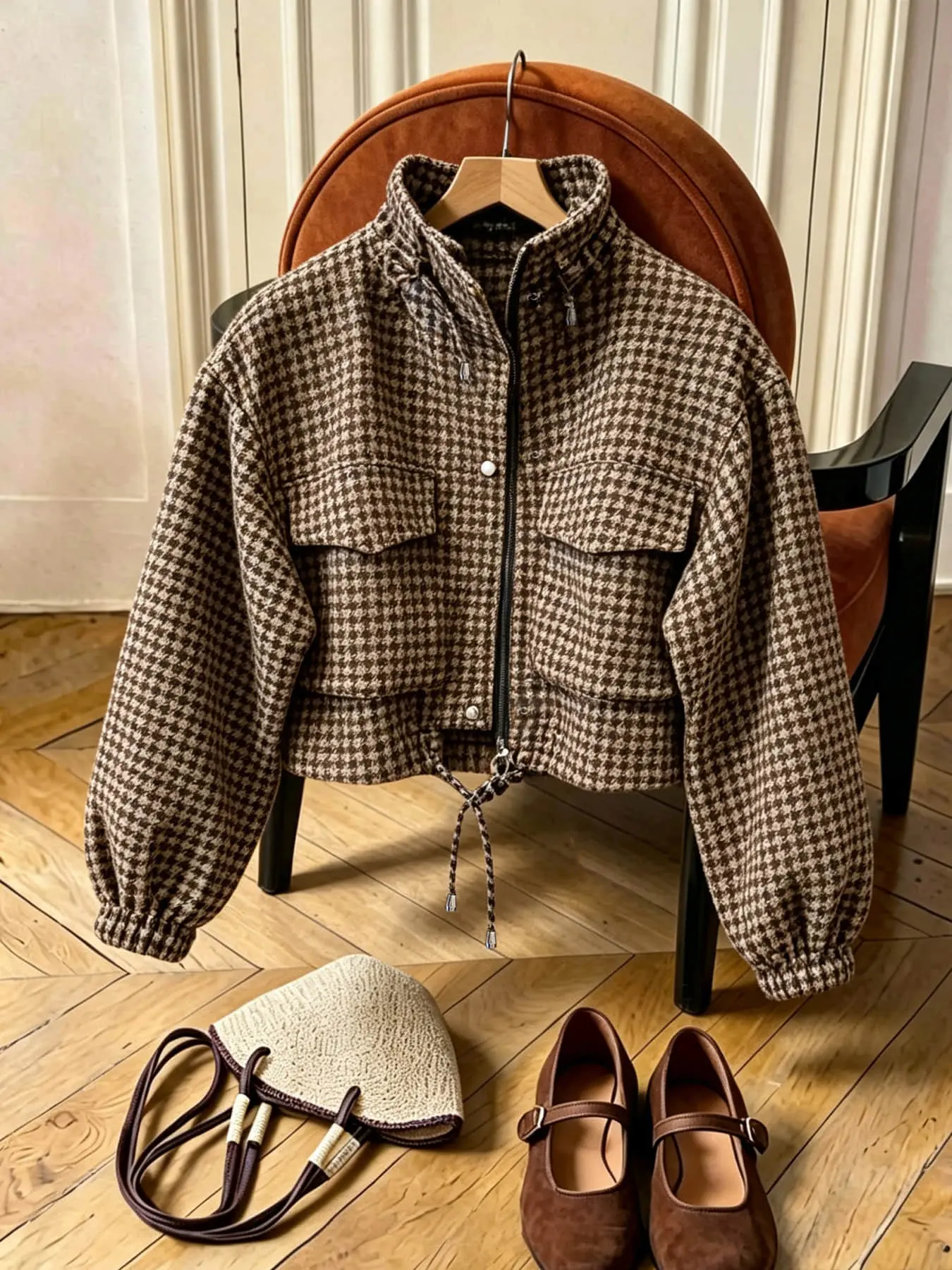A fashionable and versatile women's autumn and winter short jacket with a houndstooth pattern, featuring a vintage Maillard style and a stand up collar drawstring design, suitable for shopping, daily travel, dating, and commuting.