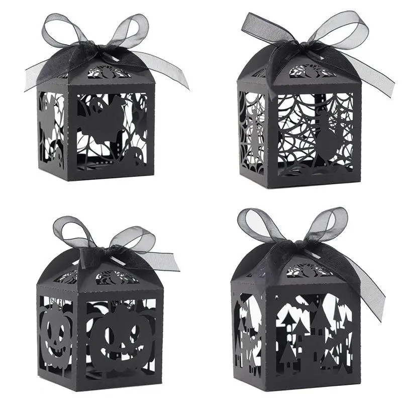 50Pcs Laser Cut Halloween Black Castle Candy Box Spider Pumpkin Bat Favor Gift Packaging Box With Ribbon Halloween Party Supply