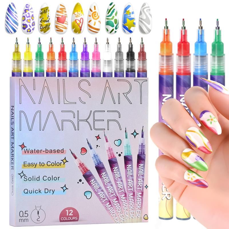 12 Colors Nail Art Pen Set, 1 Set Quick Drying Acrylic Paint Nail Art Markers, DIY Nail Art Design Pens for Home Salon Use, Polish, Nail Designs