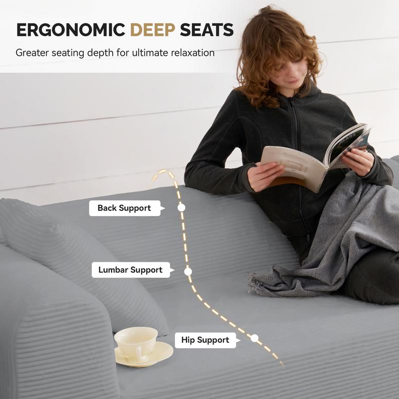 【Shipped in Two Packages】Modern Style Curved Sofa, Upholstery Corduroy Sofa Couch with 3 Pillows, Oversized Sleek Curved Sectional Boucle Fabric Couch for Living Room White