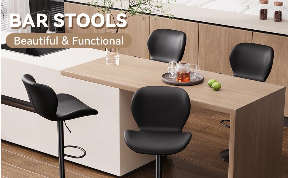 Swivel Bar Stools Set of 2,PU Leather Upholstered Barstools with Back & Footrest,Adjustable Height 22.2-31IN ，Counter Height Bar Chairs