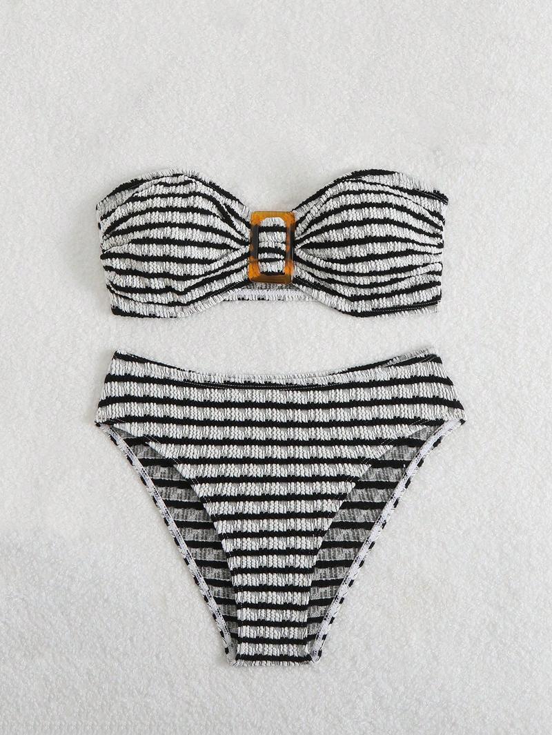 Women's Summer Beach Colorblock Sexy Halter Bikini Set, Strapless Two-Piece Swimsuit, Fashionable Swimwear for Women, Bandeau Bathing Suits