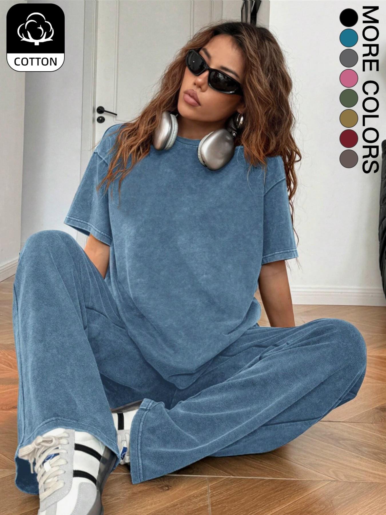 Women's Casual Everyday Acid-Wash Vintage Street-Style Soft Cotton Two-Piece Set, Loose-Fit Round-Neck Short-Sleeve T-Shirt and Wide-Leg Pants