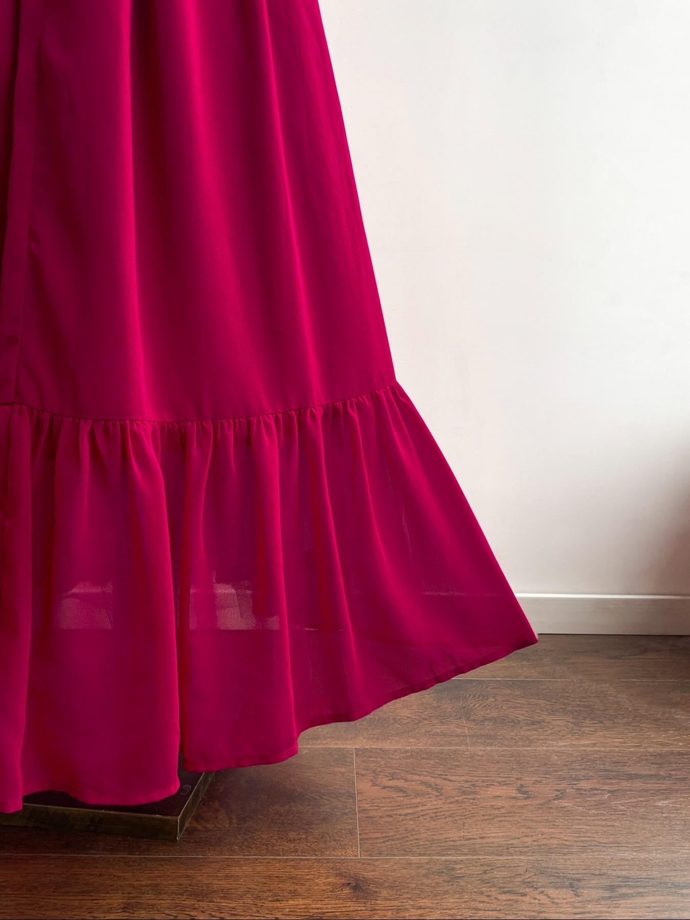 Women's Bohemian Vacation Elegant Chic Casual Waist-Tied Chiffon Woven Floral Long Short Sleeve Ruffle Hem Dress, All Seasons Fitted Style