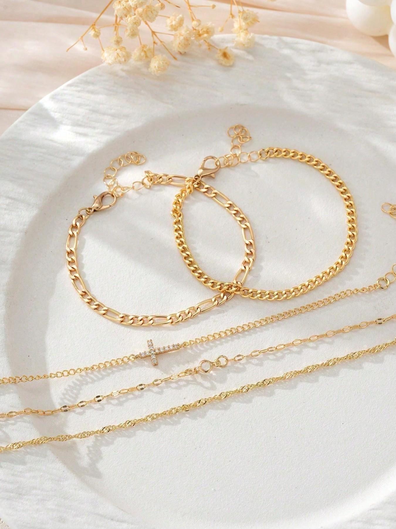 5-Piece Rhinestone Cross Cuban Chain Bracelet Set, Unique Women's Vacation Daily Jewelry, Stylish Handmade Accessories