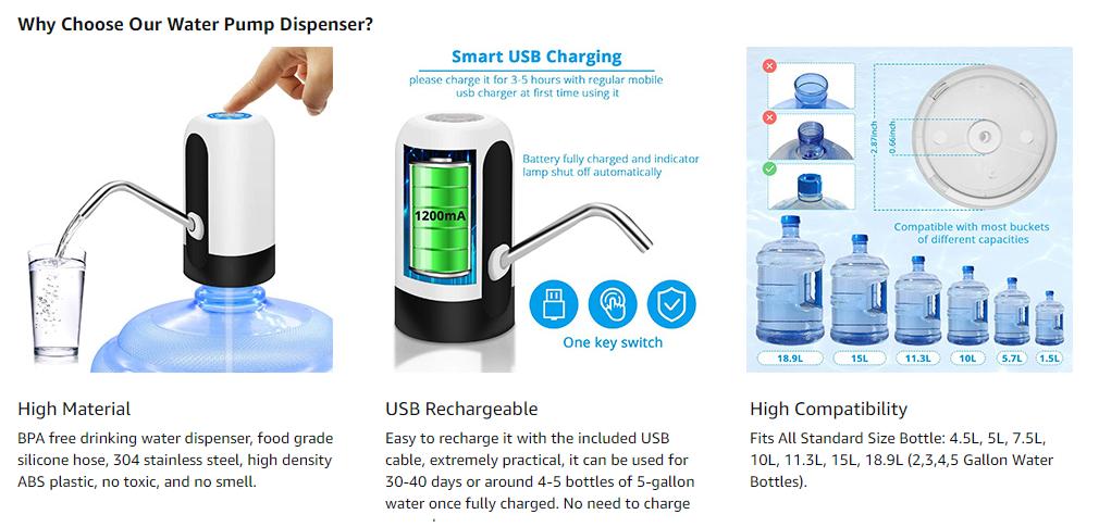 Water Dispenser for 5 Gallon Bottle - Rechargeable Water Pump for 5 Gal Jug, BPA-Free, Food Grade Silicone Hose, Stainless Steel Spout - 30-40 Days Battery Life, Easy One Switch Operation for Kitchen Outdoor Camping Office