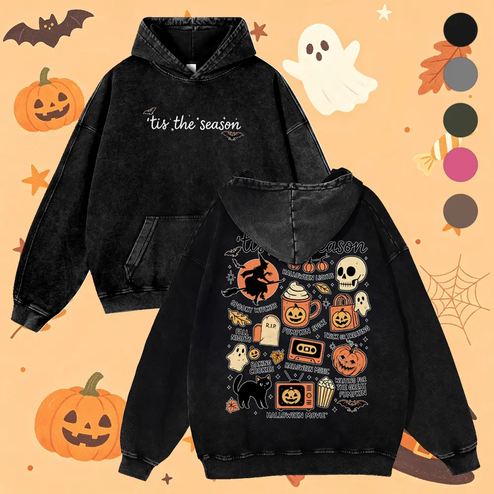 Vintage Halloween Front&Back Print Hoodie, Retro Halloween Aesthetic,Women's Pumpkin Witch Graphic Hoodie,Tis' the Season Halloween Hoodie 380g Autumn VIntage Washed Hoodie Graphic Sweatshirt