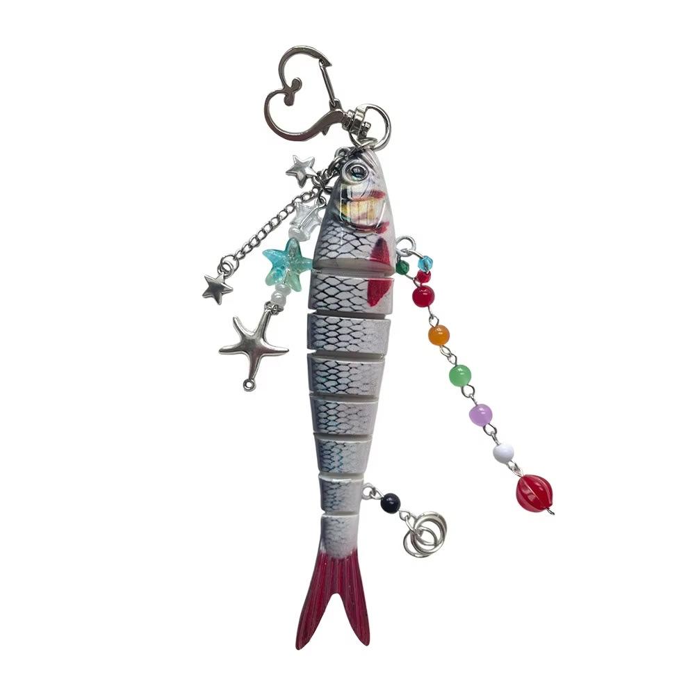 Novelty Fish Keychain, Fishing Enthusiasts Creative Bait Keychain, Jointed Design Fish Keyring with Beaded Charm, Realistic Lure Keychain for Bag Backpack, Good Luck Aesthetic Fish bag Pendant Trinket, Kawaii Keychain Style Accessory
