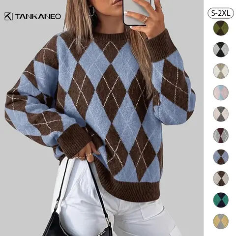 Tankaneo Women's Oversized Chunky Knit Crew Acrylic Knit Top - Checkered Print Knitwear, Lightweight Fashion Long-Sleeve Fall Sweater for Casual Wear
