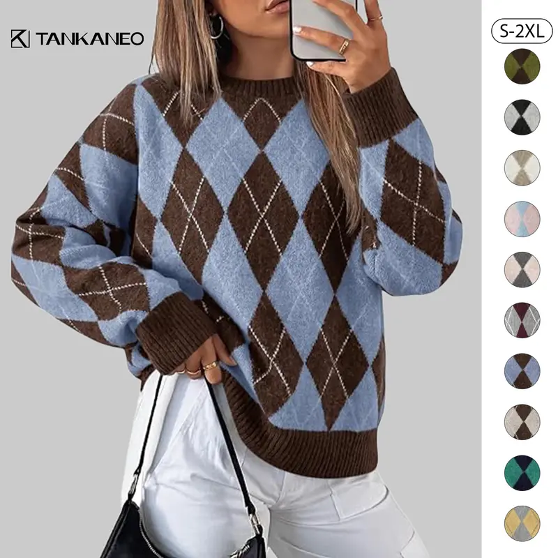 Tankaneo Women's Oversized Chunky Knit Crew Acrylic Knit Top - Checkered Print Knitwear, Lightweight Fashion Long-Sleeve Fall Sweater for Casual Wear