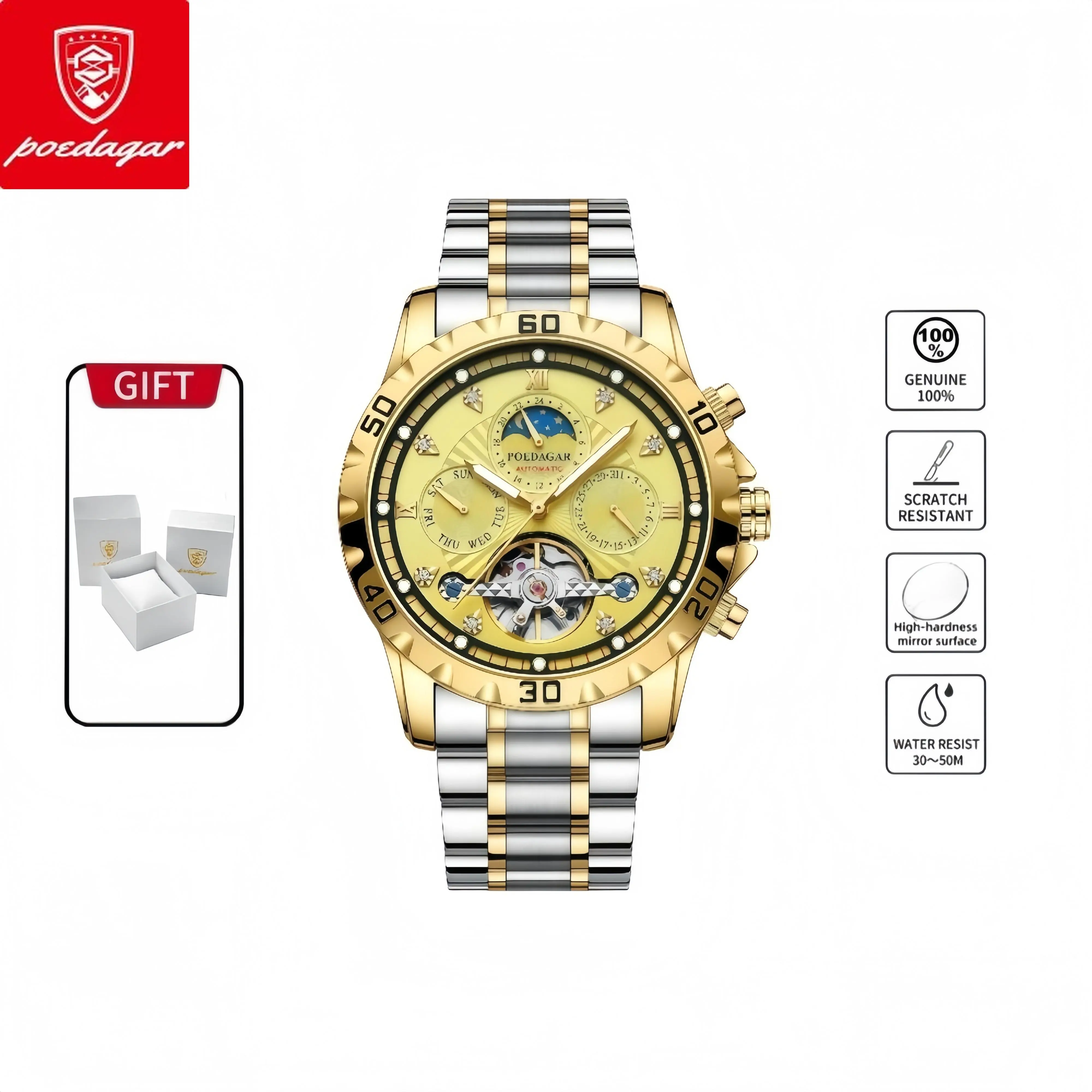 POEDAGAR Luxury Automatic Mechanical Men's Watch for Business Use - Hollow Dial, Tourbillon View, Date + Luminescent Display, Waterproof, Multi-Functional, Heavyweight, Steel Strap with Box
