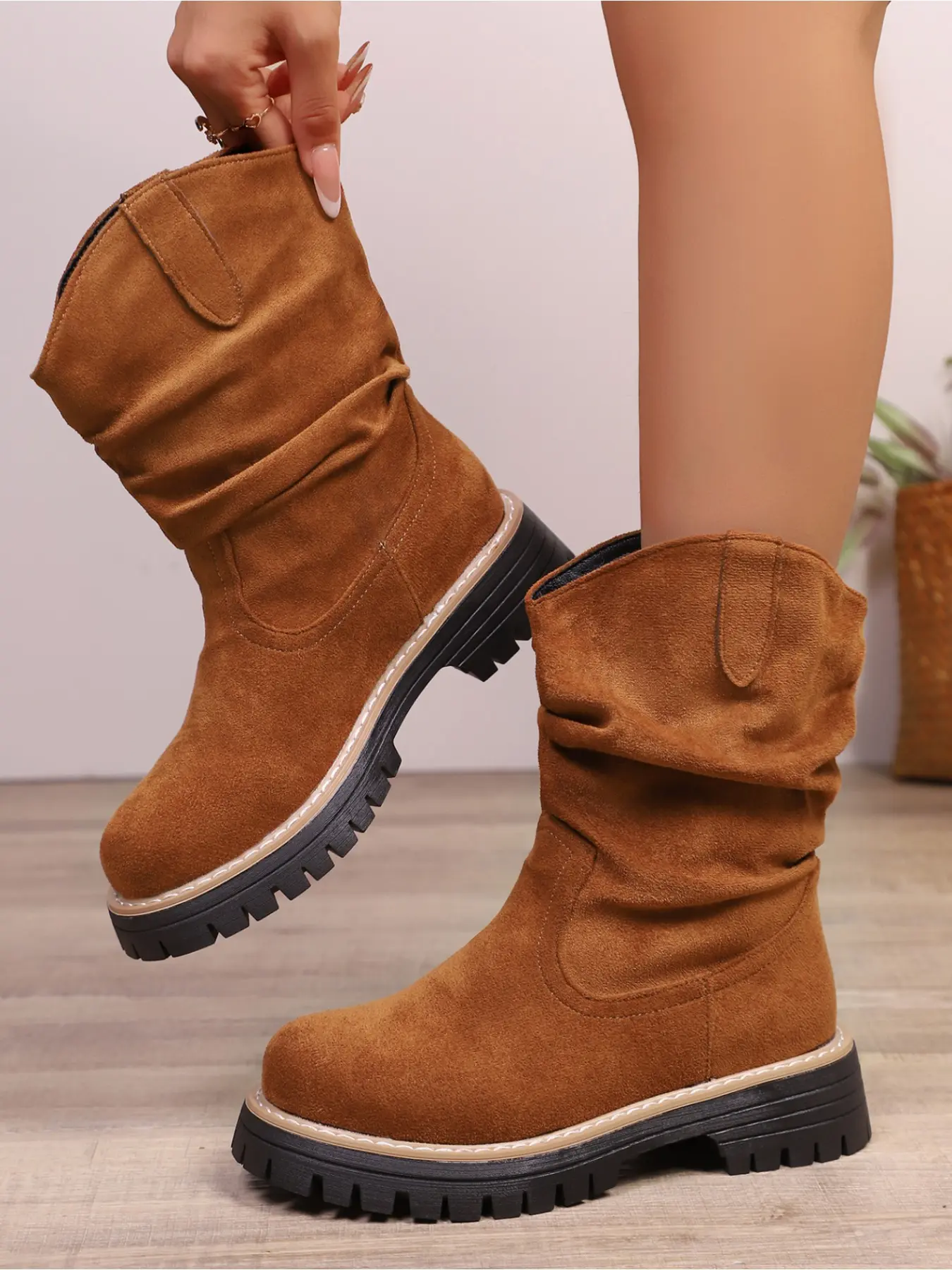 Women Vintage Ruched Faux Suede Slouch Mid Calf Boots, Autumn Winter Thick Sole Non-Slip Western Cowboy Boots Pull On Ankle Boots
