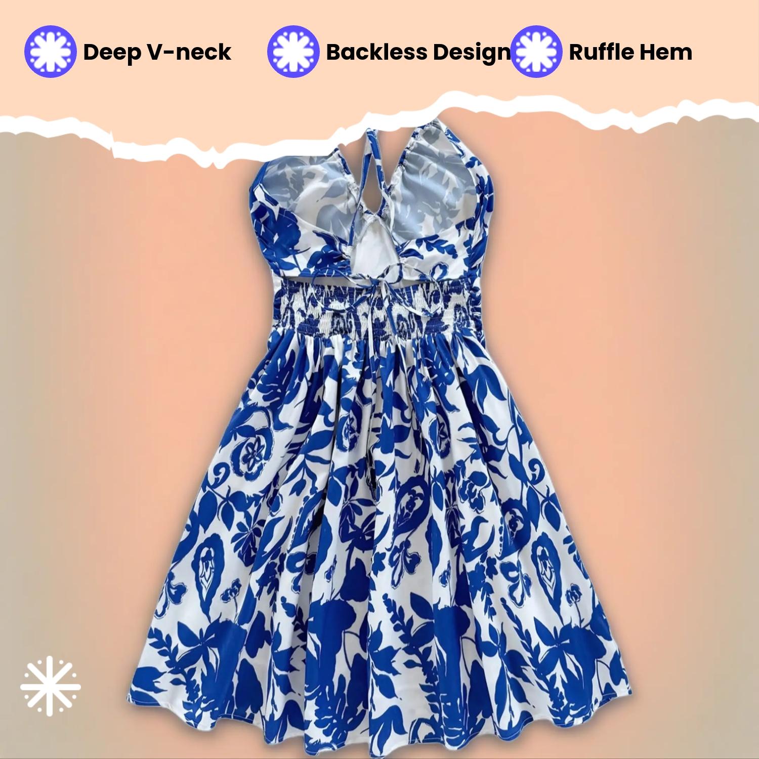 Women's Vacation-Style Blue & White Floral Print Deep V-Neck Backless Bowknot Back Ruffle Hem Dress, Suitable For Weddings, Graduations, Back To School, Cute Lunch, Sexy Bachelorette, Summer