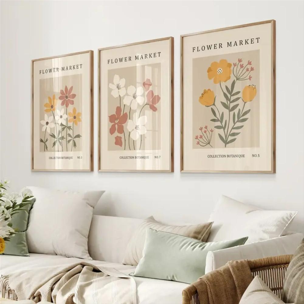 3-Piece Optional Wooden Frame Bohemian Abstract Flower Market Plant Poster Moisture-proof Canvas High Saturation No Color Difference Nordic Living Room Mural