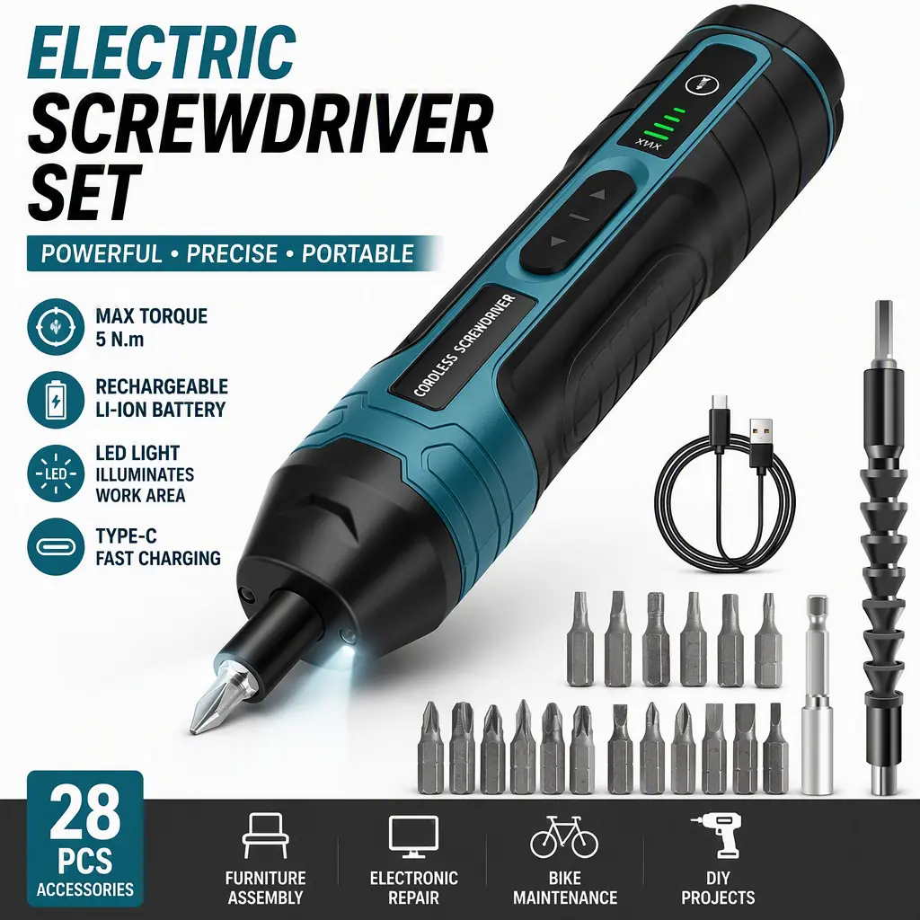 4V Rechargeable Cordless Electric Screwdriver Set with 20/105 Pcs S2 Magnetic Bits Kit, LED Lights for DIY Users & Furniture Repair