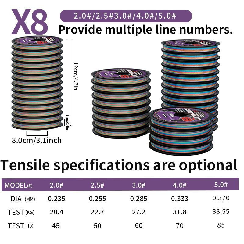 PE braided fishing line, continuous spool, 100 meters per spool. The entire roll consists of up to 12 connected 100 meter scrolls. There are various combinations of quantities to choose from. This is an 8-strand PE braided fishing line.