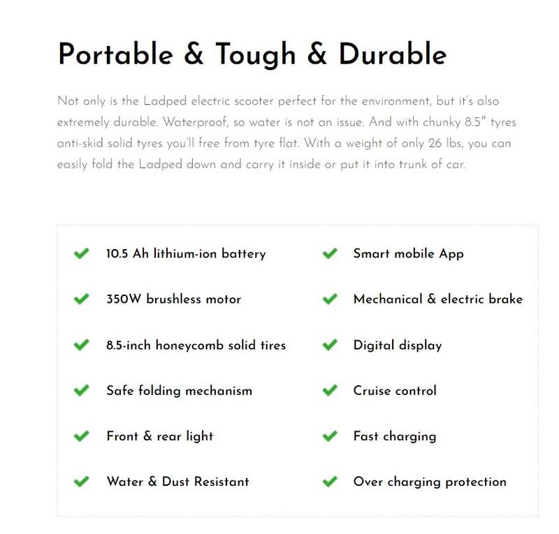 ladped Electric Scooter - 8.5 Solid Tires, 350W Motor Up to 16 Miles of Range and 19 MPH Portable Folding Commuter Scooter with and App E-Scooter  3 Speed modes school scooters