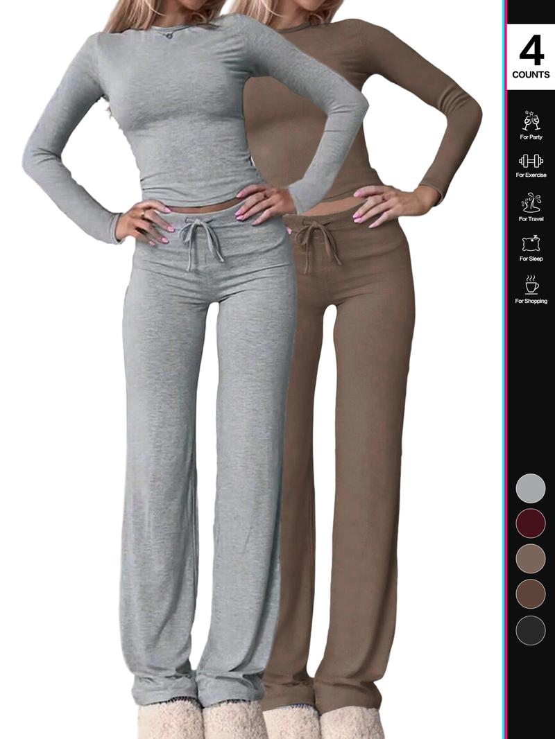 2026 Two Pieces Fall Women Clothes Y2K Sporty Casual Home Solid Color Fitted Long-Sleeved T-Shirt And Long Pants Set