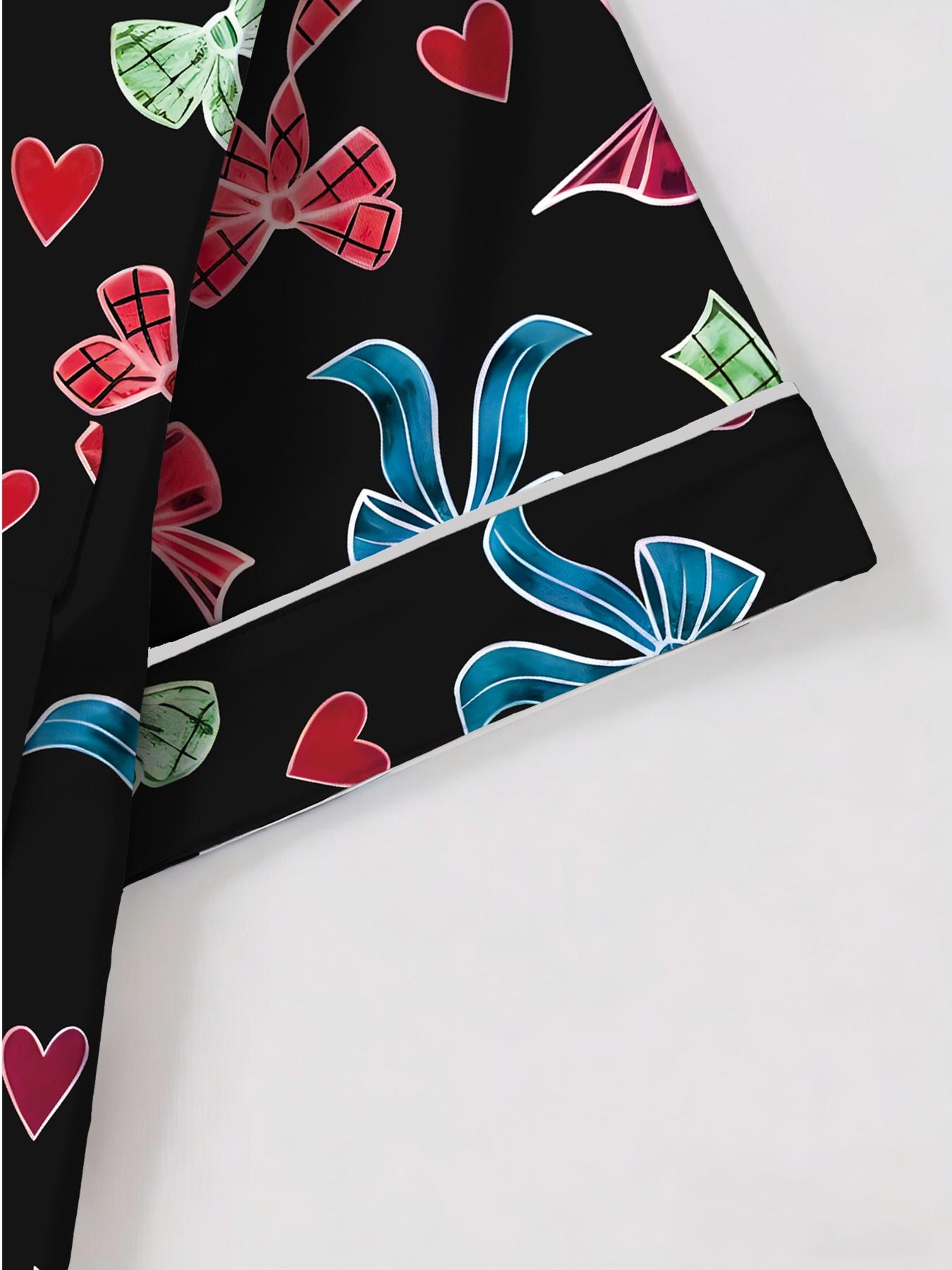Women's Short Sleeve Button Down Top and Shorts Pajama Set, Spring Summer Wear, For American Retro Sweet Cool Girls, Black Base Vintage Bow Heart Print, Classic Lapel Collar, Loose Straight Fit, Comfortable For Home & Outings
