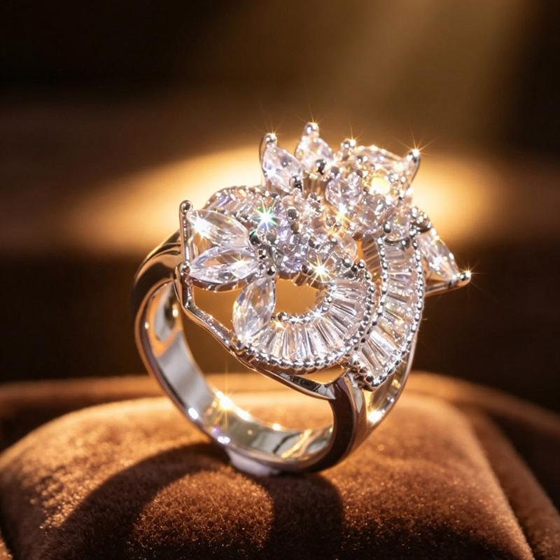 Women's Luxury Layered Floral Cluster Statement Ring, Mixed-Shape Sparkling Zircon Inlay Wide Band, Artificial Zircon Birthstone Ring for Christmas Holiday Party, Statement Rings