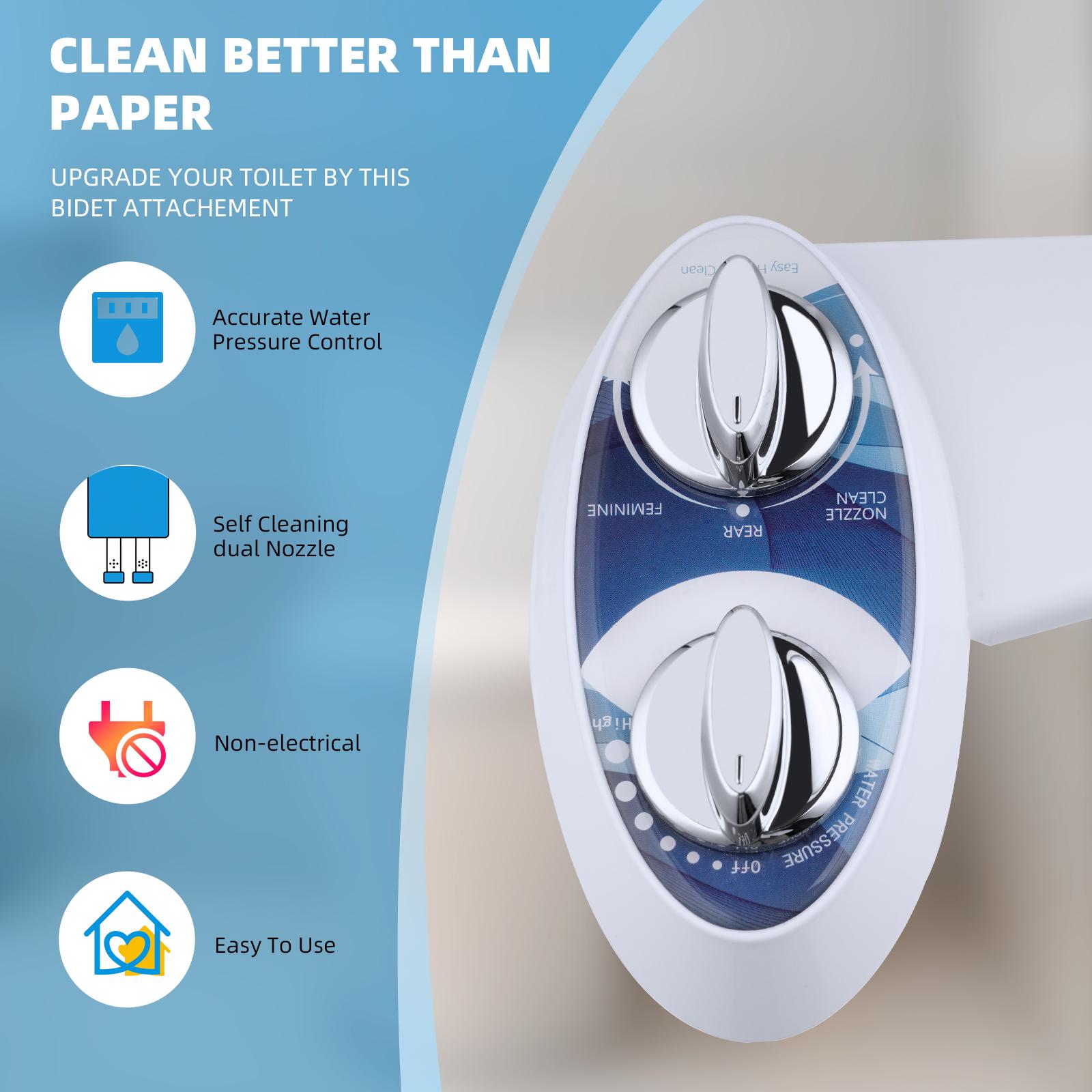 Hibbent Bidet Attachment, Non-Electric Cold Water Bidet Toilet Seat Attachment with Pressure Controls, Retractable Self-Cleaning Dual Nozzles for Frontal & Rear Wash