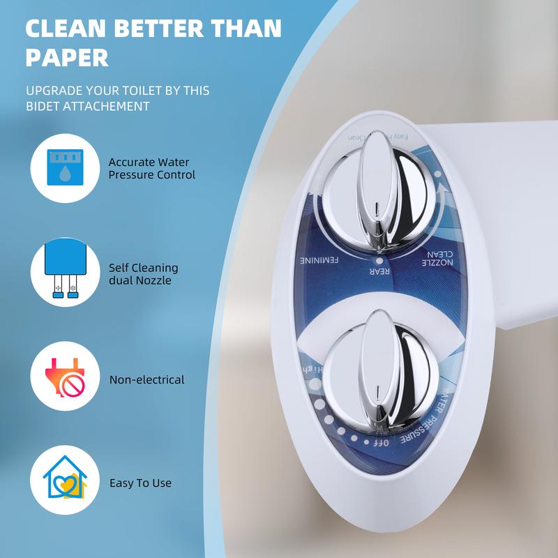 Hibbent Bidet Attachment, Non-Electric Cold Water Bidet Toilet Seat Attachment with Pressure Controls, Retractable Self-Cleaning Dual Nozzles for Frontal & Rear Wash
