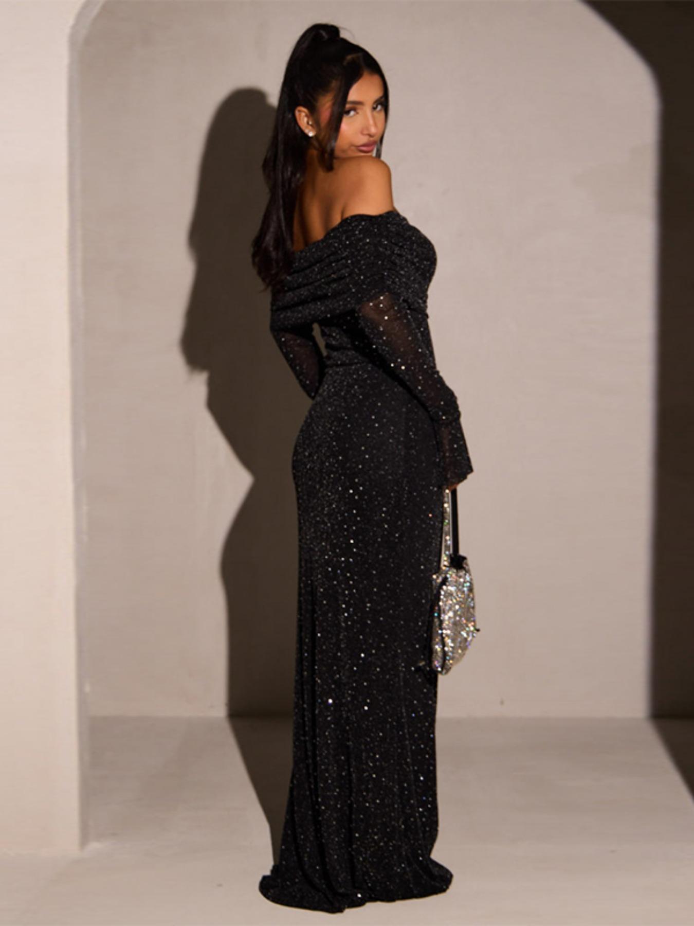 Women's Contrast Sequin Ruched Off Shoulder Mermaid Dress, Elegant Classy Long Sleeve Slim Maxi Dress for Party Evening Formal Occasions, Ladies' Clothes for All Seasons