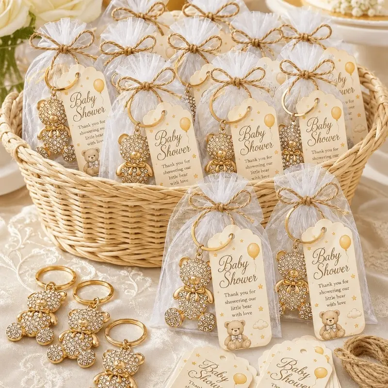20 Sets Gold Rhinestone Bear Keychain Party Favors, Baby Shower Souvenirs with Organza Pouches & Tags, Cute Bling Key Rings for Wedding Birthday Guest Gifts, Thank You Return Gifts for Guests