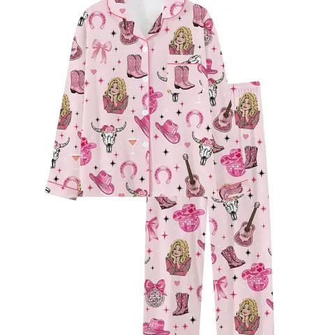 Country Music Guitar Print Cowgirl 2-Piece Pajama Set, Comfortable Knit Long Sleeve Button Front Homewear, Fall & Winter Loungewear