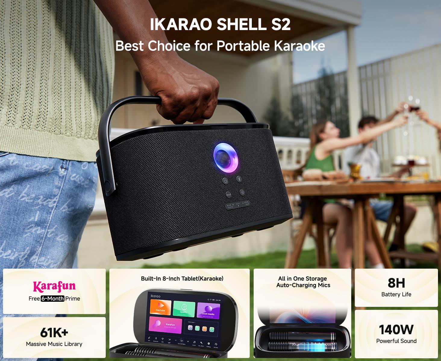 Ikarao Shell S2 Portable Bluetooth Karaoke Machine Device - 140W Stereo Sound System, Built-in Screen with Lyrics Display, 2 Self-Charging Wireless Microphones, Bluetooth and App Compatibility Speakers, TV Connectivity, Outdoor Audio for Home, Party Use s