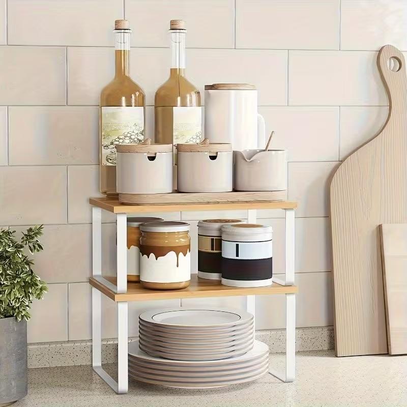 Wooden & Carbon Steel Kitchen Cabinet Organizer Set, Stackable Multi-Functional Storage Shelves, Non-Food Contact Safe Material