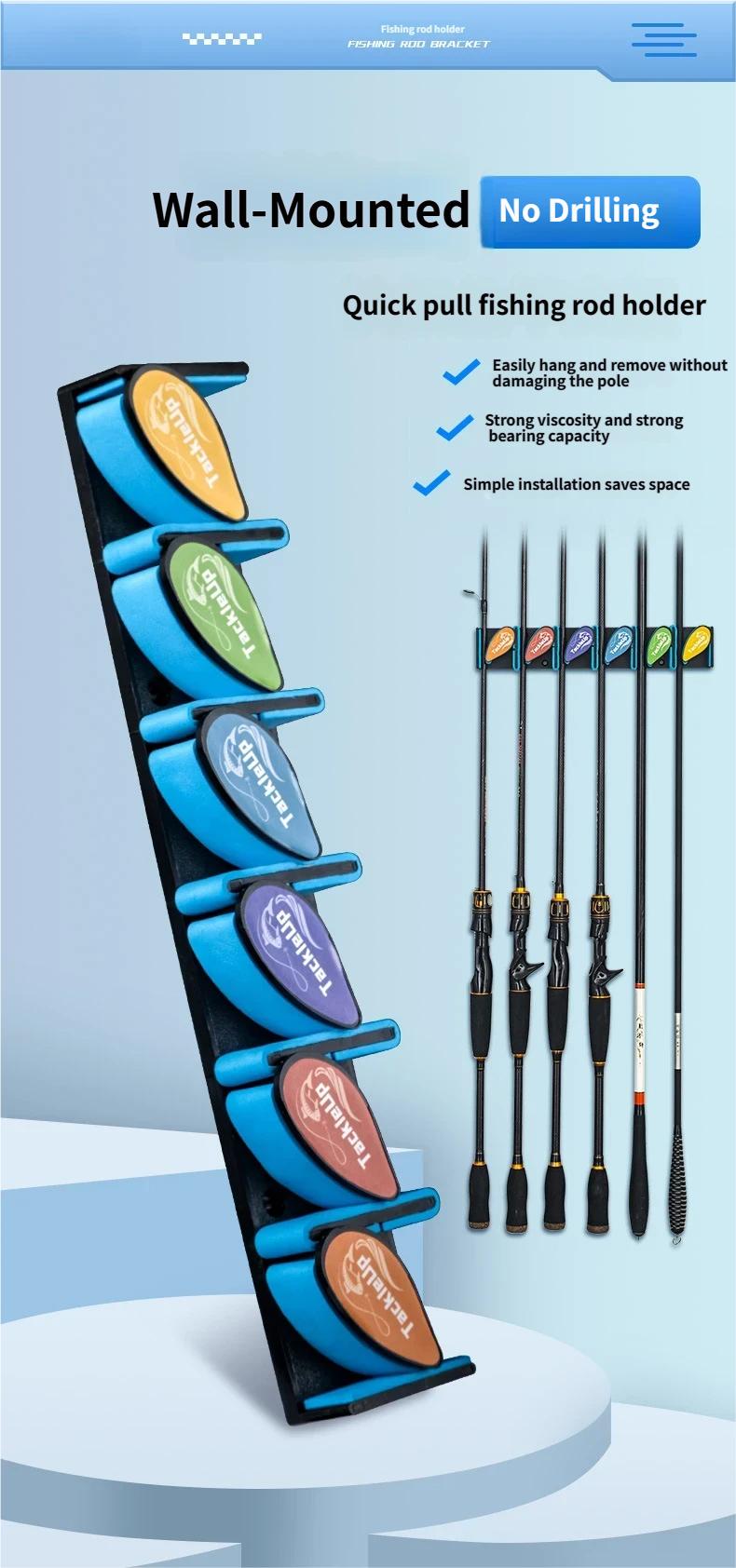 6-Slot Vertical Wall Fishing Rod Holder, Punch-Free Quick Buckle Organizer with Strong Hold Spring Clips for Spinning Casting Fishing Rods