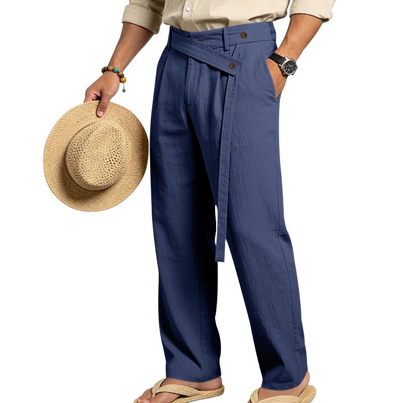 Men's 2026 Spring Summer Plain Linen-Cotton Fabric Wide Leg Trouser, Irregular Cross Buckle Waist, Loose Fit for Big-Tall Menswear, Ideal for Beach Vacation & Daily Commute (Polyester-Blended Option Available)