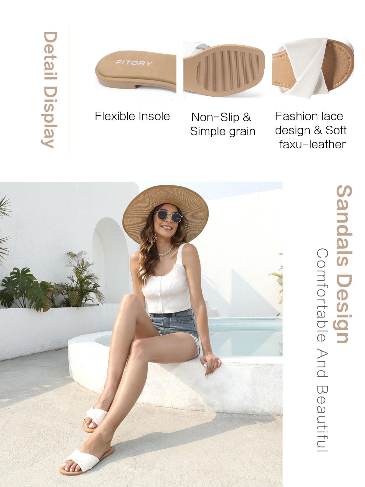 FITORY Sandals Women's Flat Sandals Fashion Slides With Soft Leather Slippers for Summer Footwear White