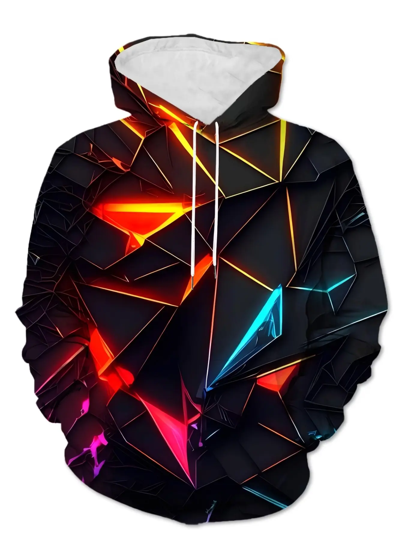 Men's 3D Neon Glow Line Print Hoodie, Base Colorful Light Polygon Pattern, Cyberpunk Style Loose Fit Long Sleeve Sweatshirt