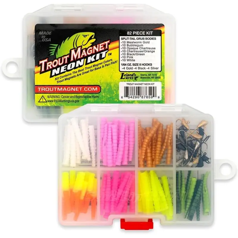 Outdoor sports Trout Magnet 82-Piece Neon Fishing Gear Kit, Includes 70 Grub Bodies Trout Bait and 12 Size 8 Hooks