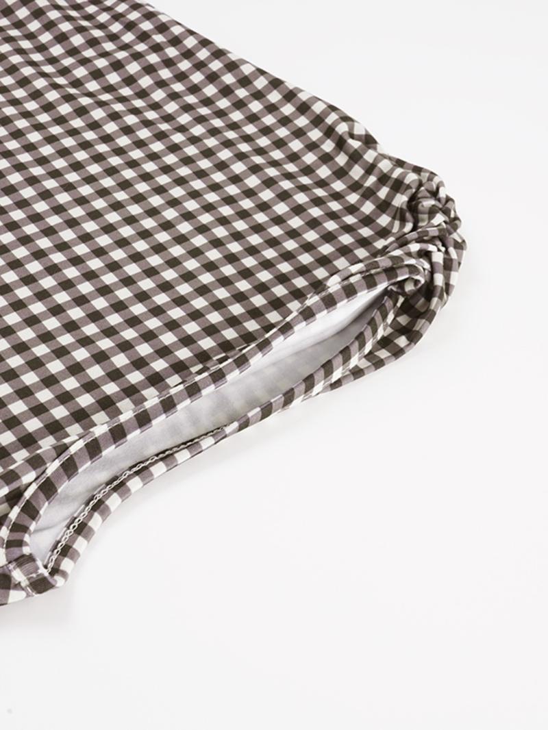 American Vintage Basic Casual Gingham Mini Dress, Asymmetrical Shoulder Design with Lace Up Detail, Slim-Fitting Sleeveless A-Line Dress for Women